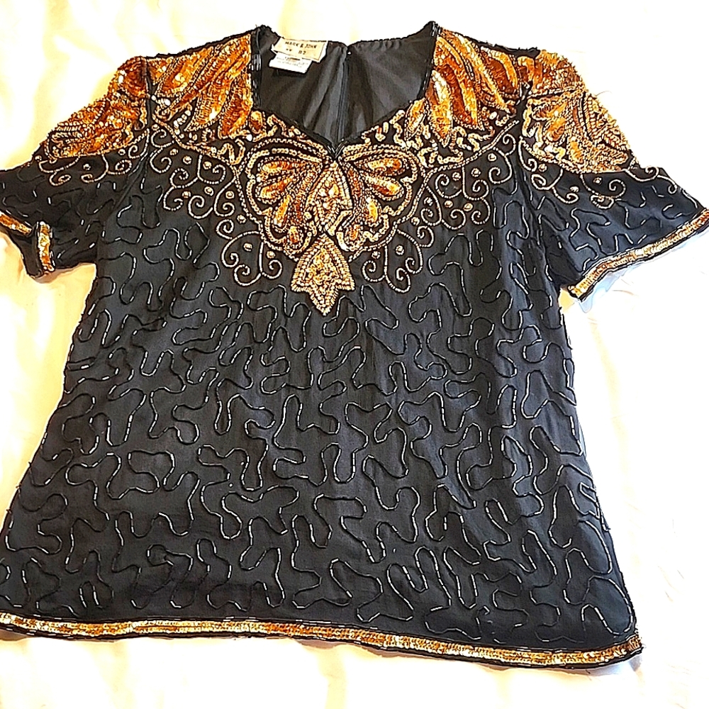 Black & Gold 100% Silk Bead & Sequin Top with Sweetheart Neck and Zipper Back